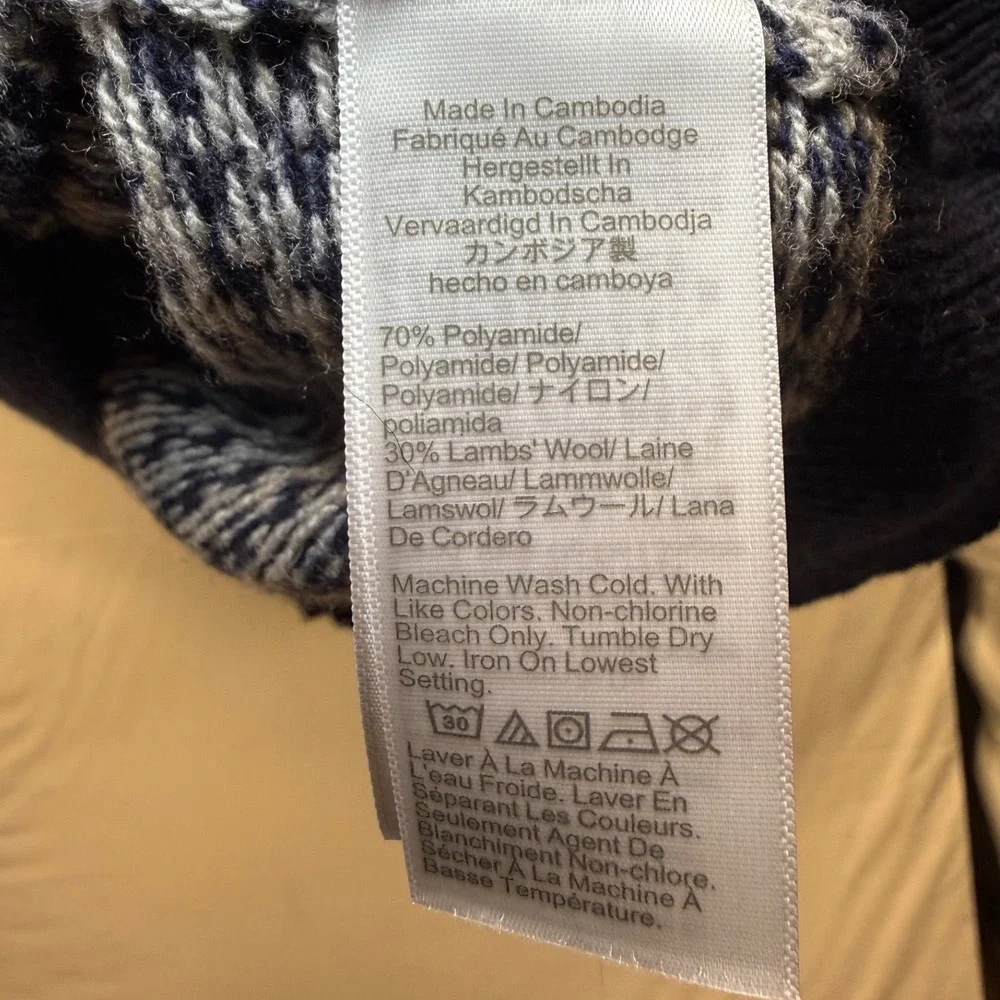 J.Crew Mens Houndstooth Crewneck Sweater Navy Blue Gray Lambswool Blend Size M
